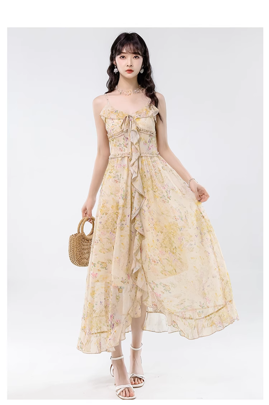 Vintage Yellow Ruffled Hem Floral Design Elegant A-line Spaghetti Strap Dress TP3360