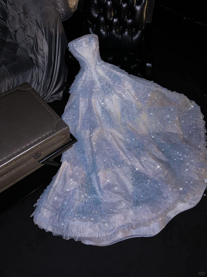 Glamorous Pastel Blue Ombre Strapless Ruffled Tulle Sparkle Sequin Formal Evening Gown TP5398