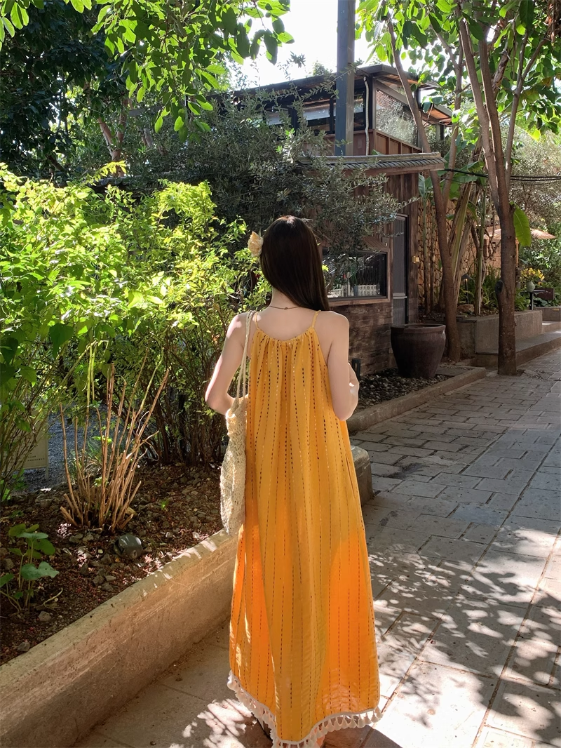 Simple Fashion Yellow Loose-fitting Design Beach Holiday A-line Long Spaghetti Strap Dress TP3336
