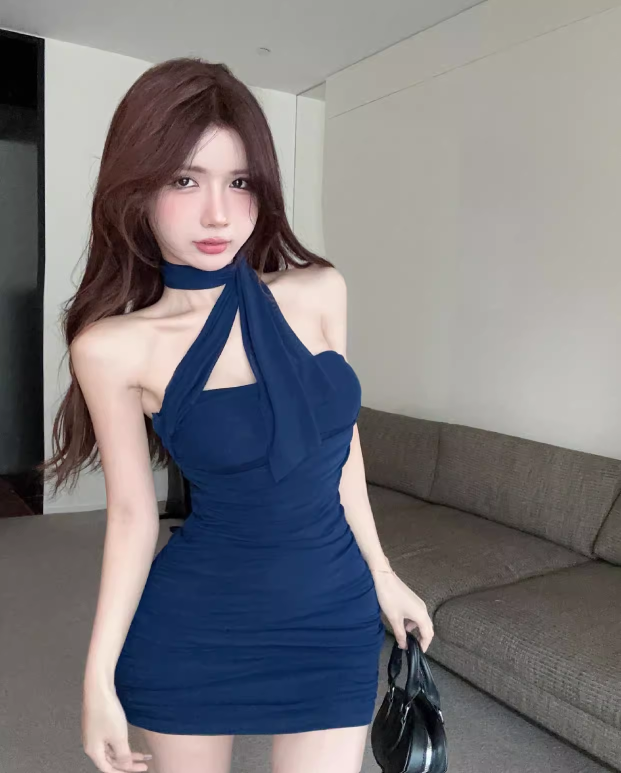 Sexy Fashion Navy Blue Backless  Slim Halter Dress TP2980