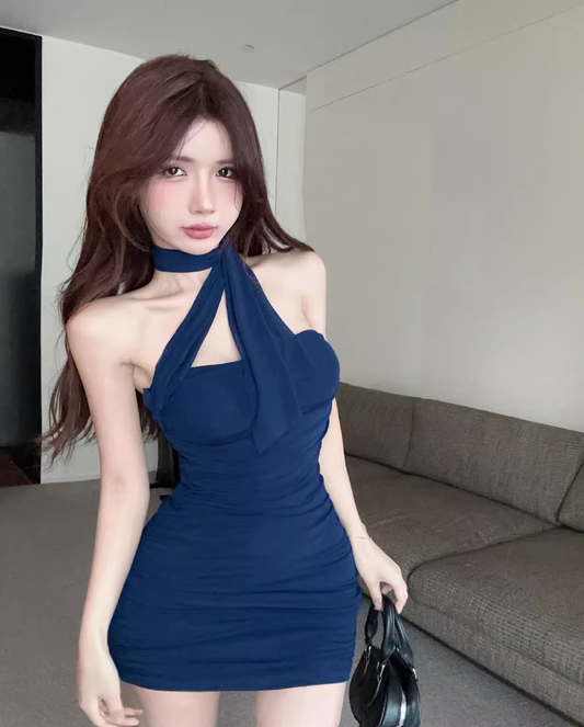 Sexy Fashion Navy Blue Backless  Slim Halter Dress TP2980