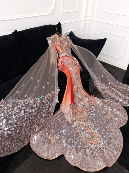 Gorgeous Shiny Beaded Exquisite Embroidery 3D Butterflies Mermaid Floor-length Evening Dress Prom Dresses TP4189