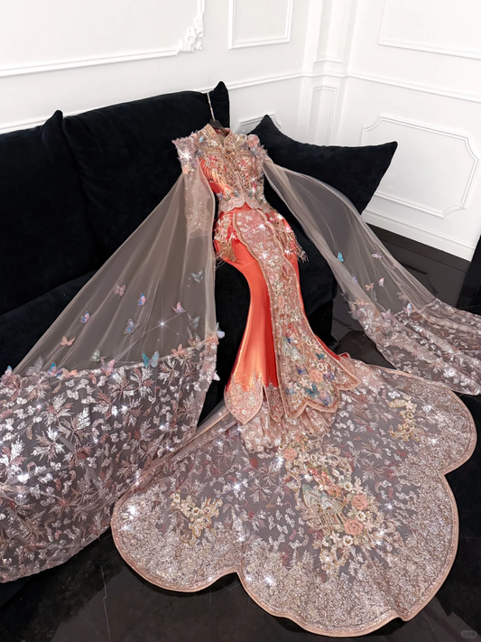 Gorgeous Shiny Beaded Exquisite Embroidery 3D Butterflies Mermaid Floor-length Evening Dress Prom Dresses TP4189