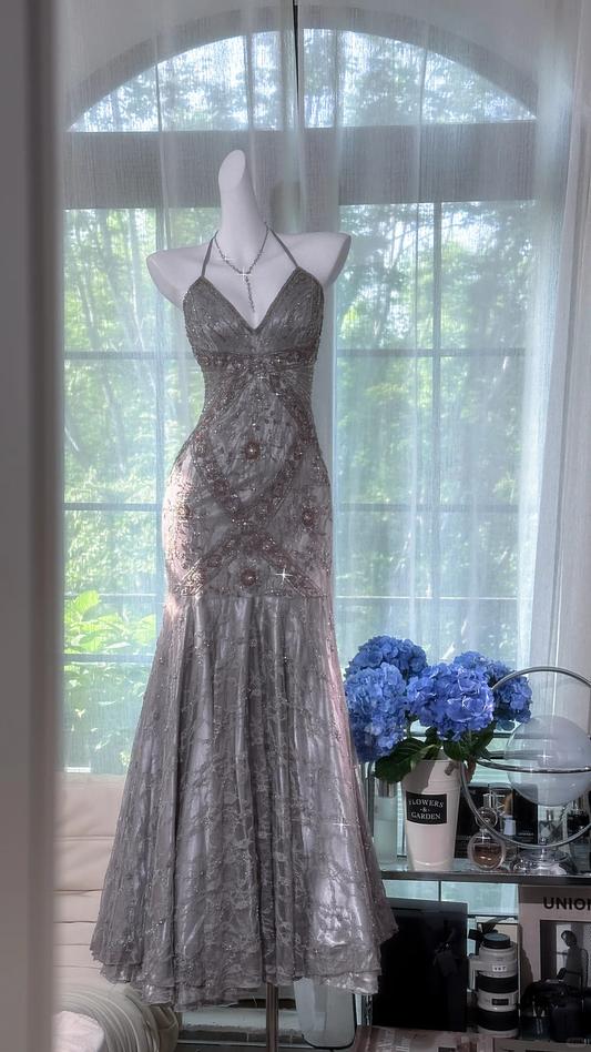Vintage-Inspired Silver Gray Lace Halter Evening Gown Sequin Mermaid Prom Dress TP5139