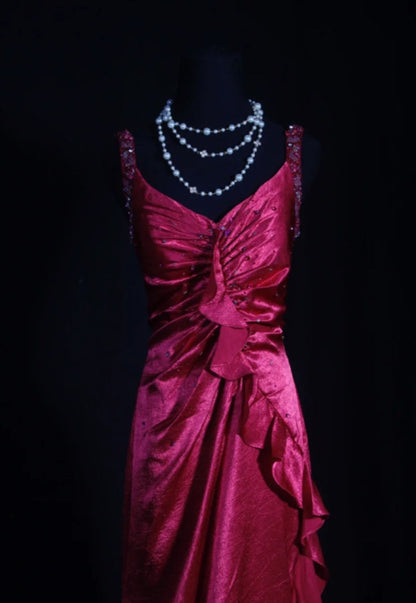 Vintage Fuchsia Satin Beaded Evening Gown Sheath Ruffled Party Dress Long Formal Dress TP4975