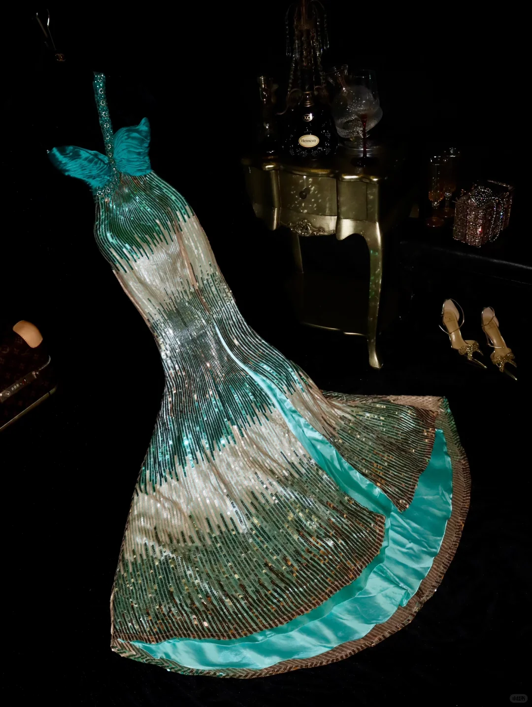 Glamorous Teal & Champagne Sequin Mermaid Sweetheart One-Shoulder Evening Gown TP5382