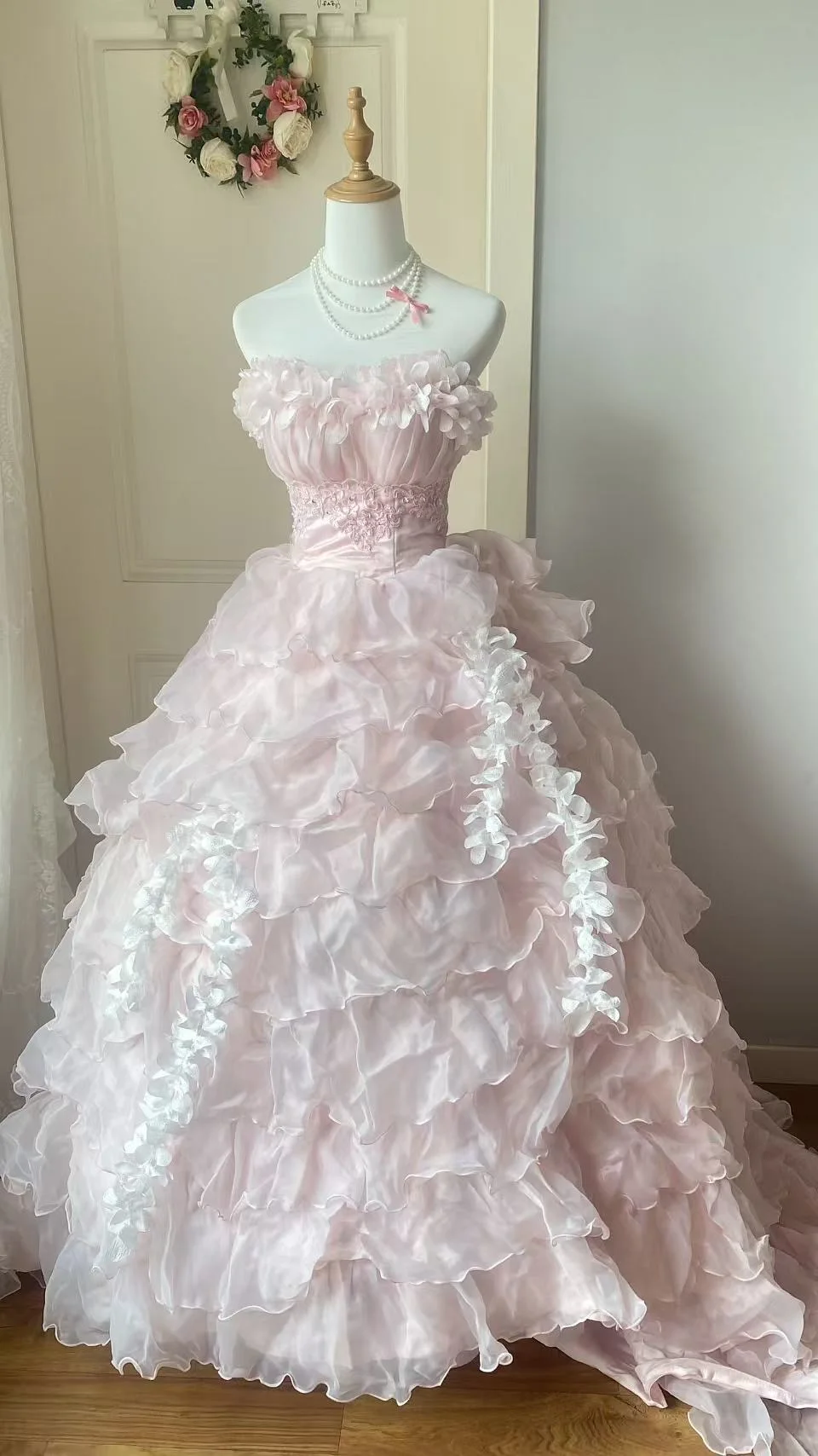 Vintage Pink Tiered 3D Floral Lace Sweet 15 Quinceanera Ball Gown TP5837