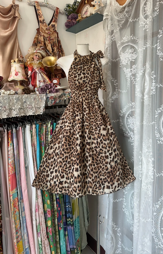 Vintage Leopard Print Halter Dress Design A-Line Homecoming Dress Party Dress TP4202