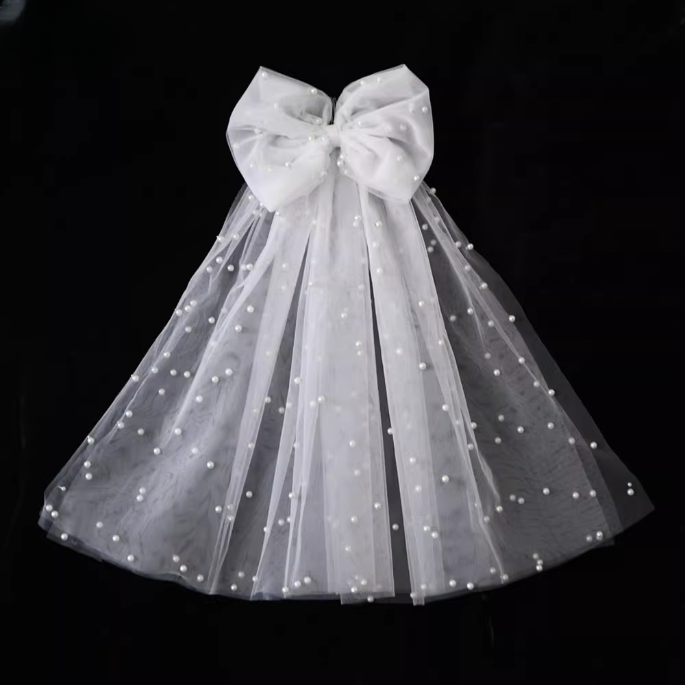 Vintage Ivory Tulle Bridal Veil Large Bow Pearl-Beaded Short-Mid Wedding Veil TP5623