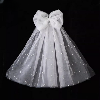 Vintage Ivory Tulle Bridal Veil Large Bow Pearl-Beaded Short-Mid Wedding Veil TP5623