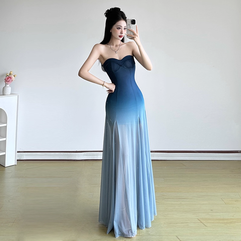 Simple Gradient Blue Sweetheart Strapless A-Line Summer Dresses Prom Dress Evening Dress TP4333