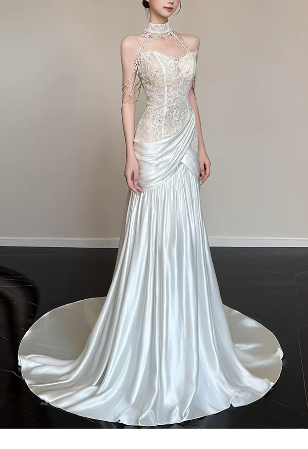 Elegant White Mermaid High Neck Beaded Tassel Halter Lace Satin Chapel Train Wedding Dress TP6133