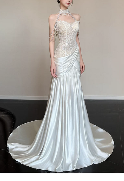 Elegant White Mermaid High Neck Beaded Tassel Halter Lace Satin Chapel Train Wedding Dress TP6133