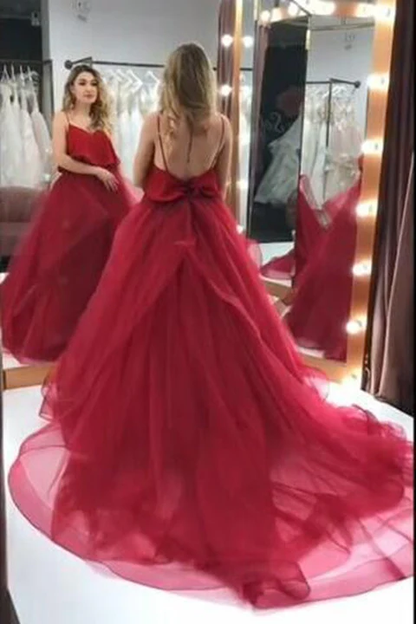 Gorgeous Burgundy Tulle Spaghetti Strap V-Neck A-Line Quinceanera Ball Gown TP5844