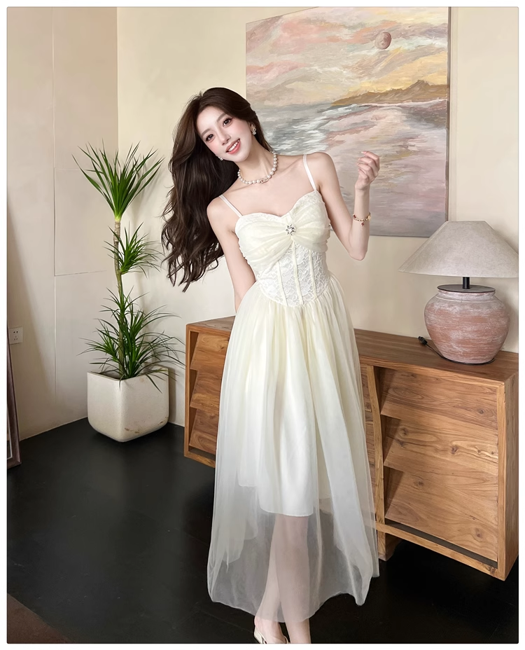 Simple Fashion Mesh Dress Design A-line Long High-waisted Spaghetti Strap Dress TP3331