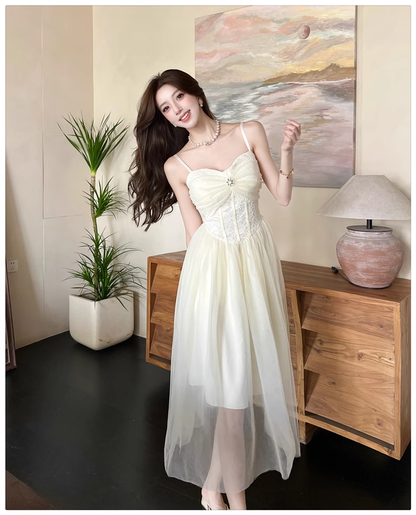 Simple Fashion Mesh Dress Design A-line Long High-waisted Spaghetti Strap Dress TP3331