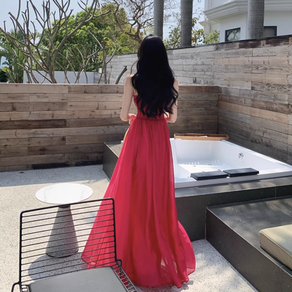 New Elegant Stylish Rose Red High-waisted Spaghetti Strap Dress TP2990