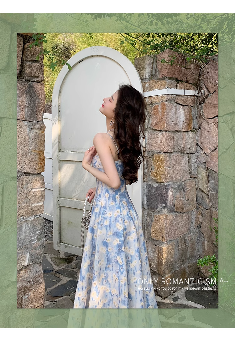 Design Sense Blue Painting Long Dress Holiday Beach Floral Spaghetti Strap Dress TP2960