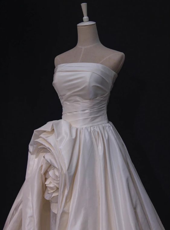 Chic Light Pink Satin Strapless A-Line High Slit Evening Gown Prom Dress TP5260