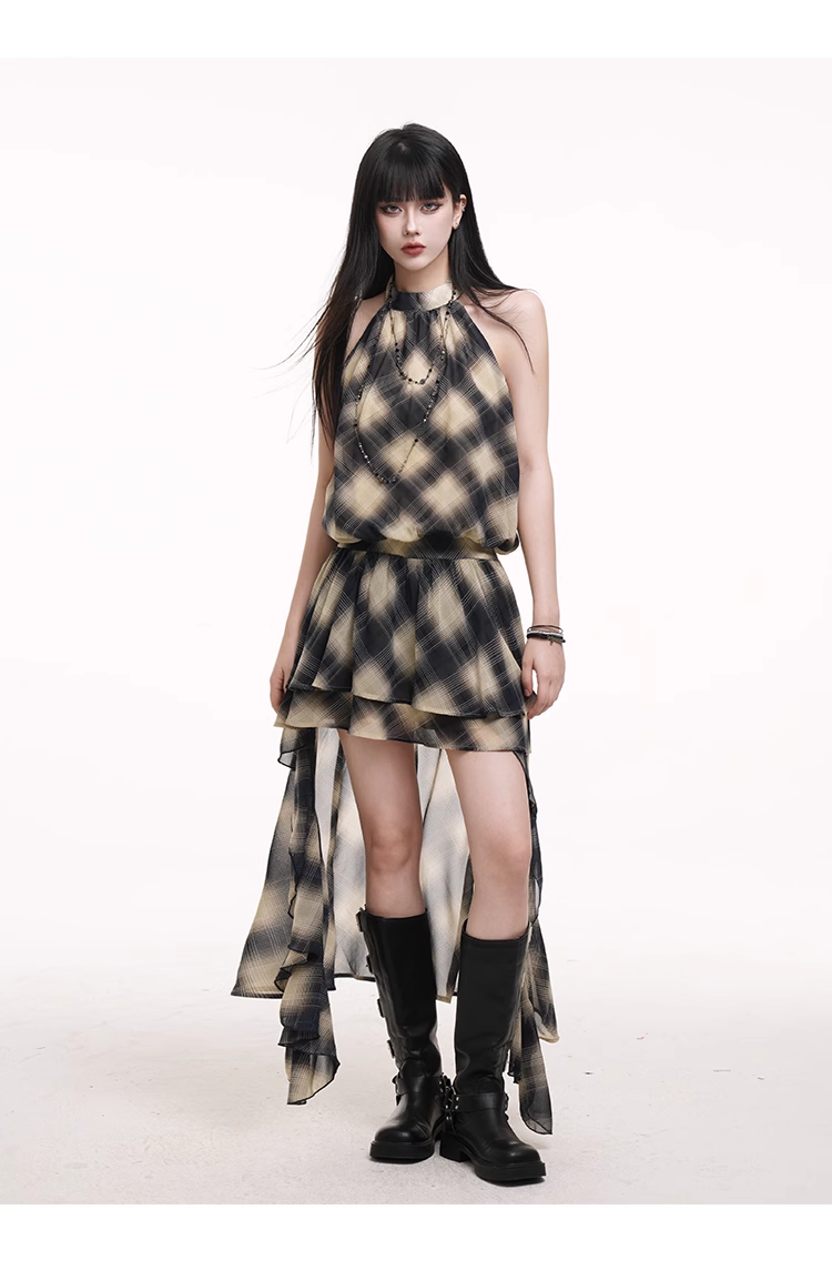 Simple Fashion Leopard Print Plaid Style Halter Dress TP2955