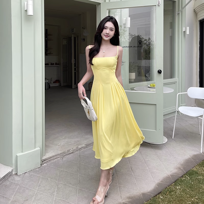 Women New Simple Fashion Yellow High-waist Spaghetti Strap Dress TP2889