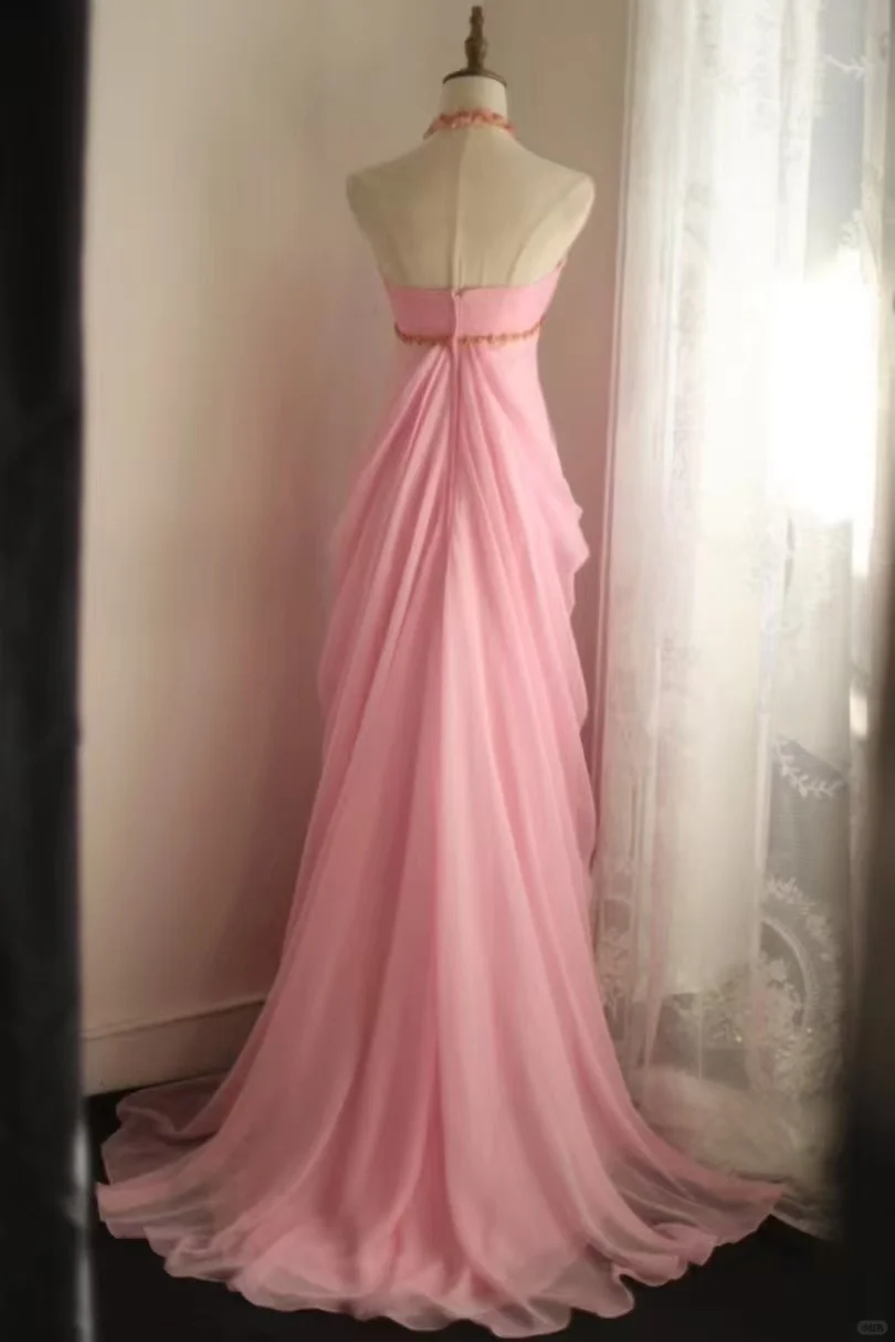 Elegant Pink Halter-Neck Evening Gown Beaded Trim & Flowing Chiffon Prom Dress TP5637