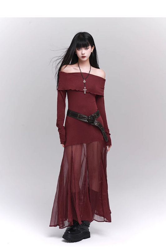 Elegant Design Sense Wine Red Velet Long-sleeved Dress TP2924