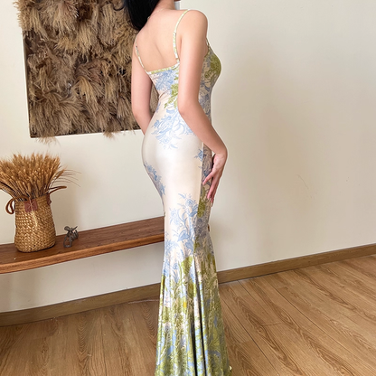 Elegant Floral Spaghetti Strap Mermaid Long Summer Dress Prom Dress Evening Dress TP4351