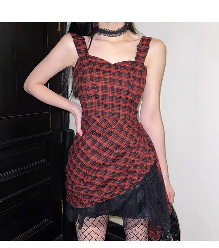 New Fashion Design Sense Red & Black Plaid Spaghetti Strap Dress TP2922