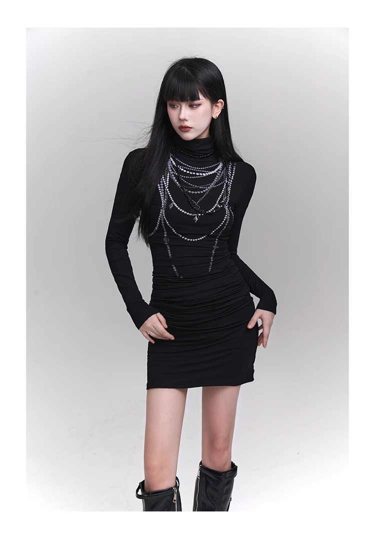 New fashion Dress Chain Design Black Turtleneck Knitted Base Long-sleeved Dress TP2940