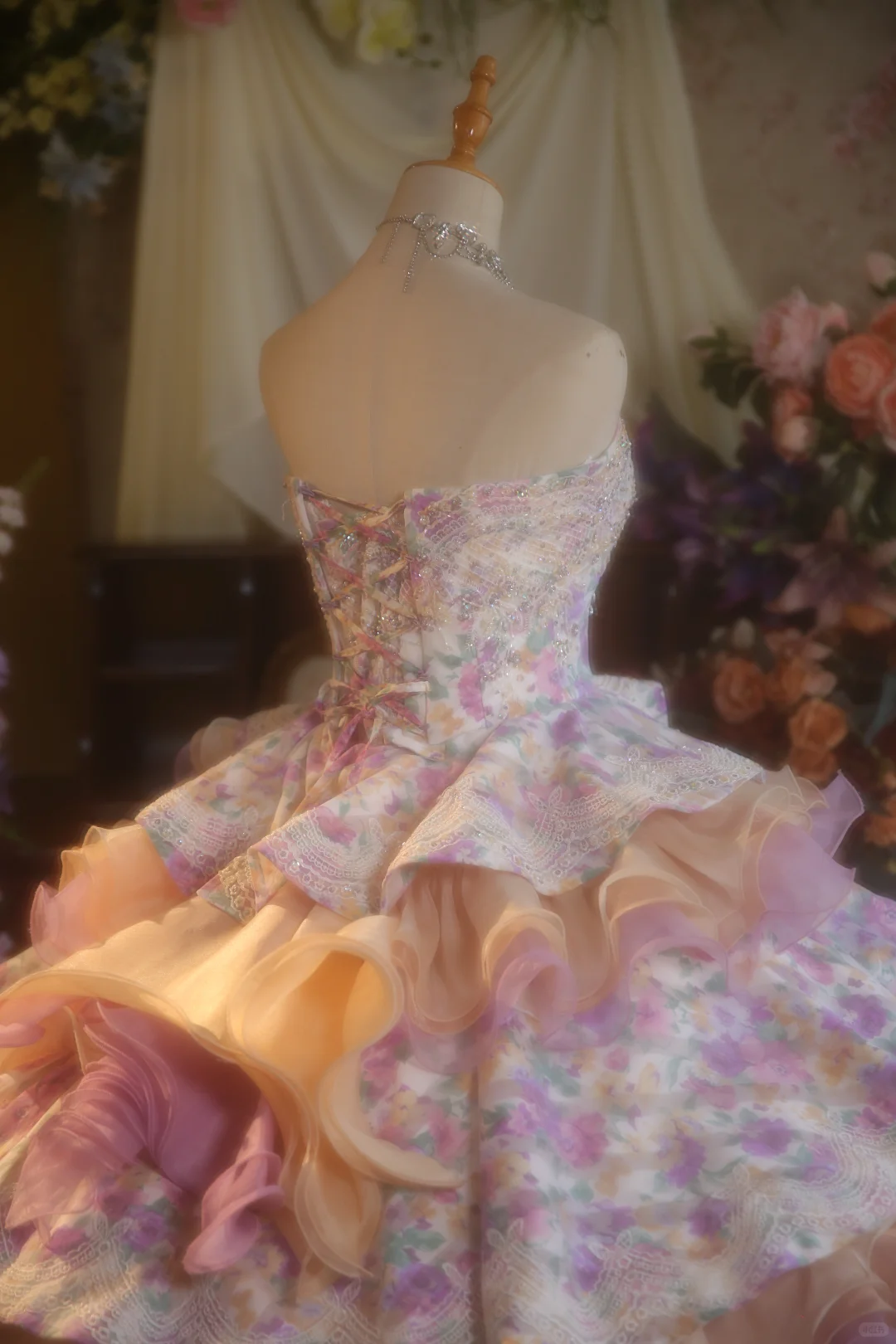 Vintage Floral Strapless Tiered Ruffled A-Line Sweet 15 Quinceanera Ball Gown TP5511
