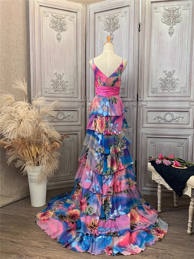 Luxury Multicolor Floral Print Evening Gown Tiered Chiffon Prom Dress TP5678