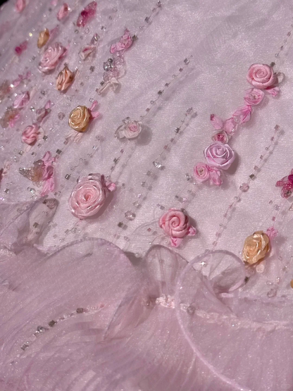 Vintage-Inspired Pink Floral Embellished Tulle Ball Gown Strapless Ruffled Quinceañera Formal Dress TP5116