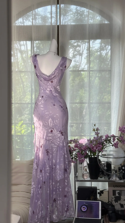 Vintage Light Purple Floral Applique Mermaid Cowl Neck Design Satin Prom Dress Evening Dress TP4247