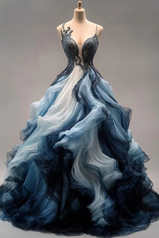Vintage Ombre A-Line Prom Dress Spaghetti Strap Evening Dress Long Formal Dress TP4709