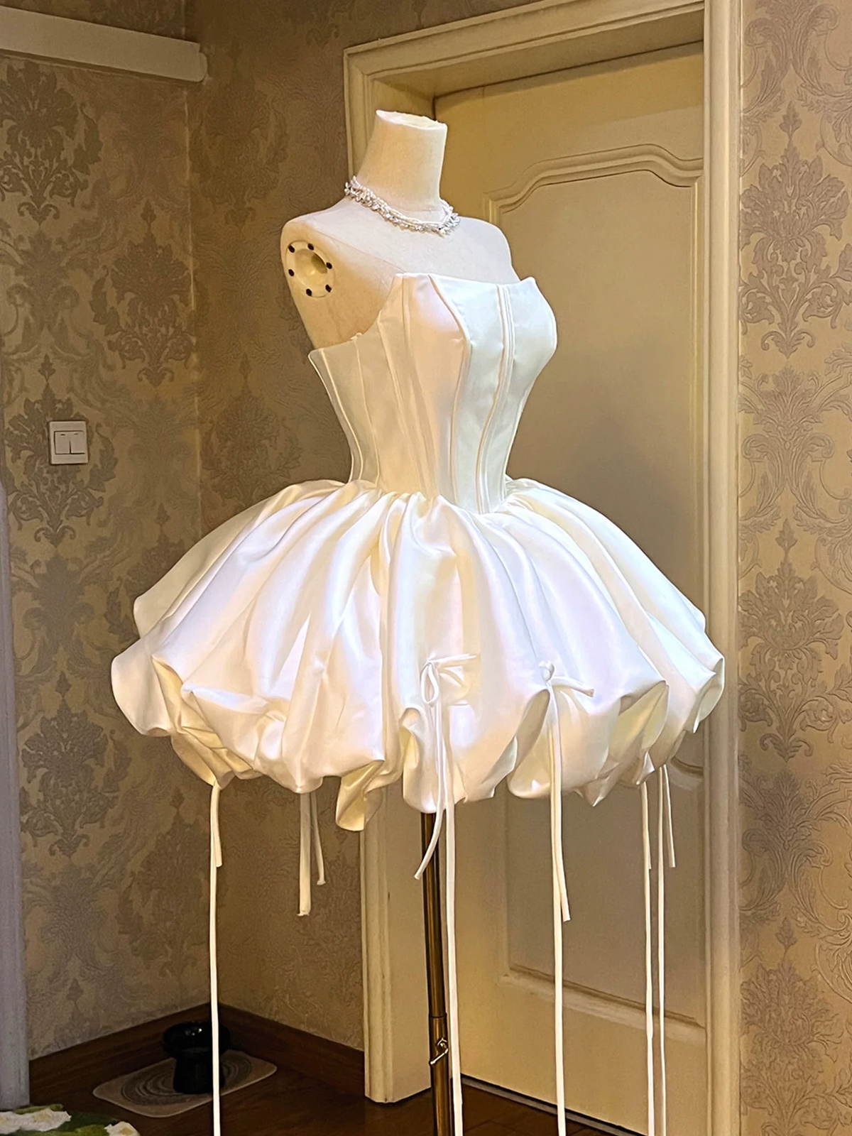 Vintage White Satin Strapless Bubble Puff A-Line Homecoming Dress TP6137