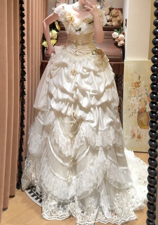 Glamorous Elegant Satin Off-Shoulder Tiered Lace Hem Floral Wedding Dress TP5311