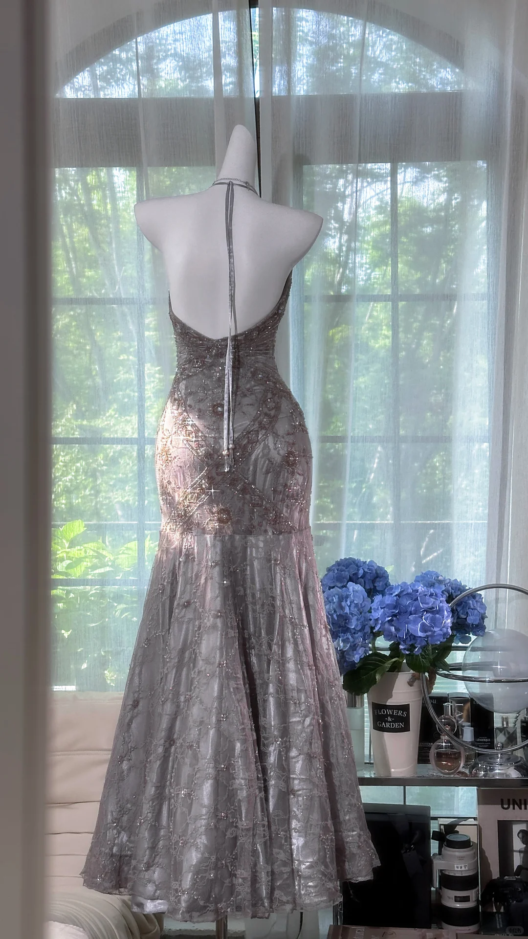 Vintage-Inspired Silver Gray Lace Halter Evening Gown Sequin Mermaid Prom Dress TP5139