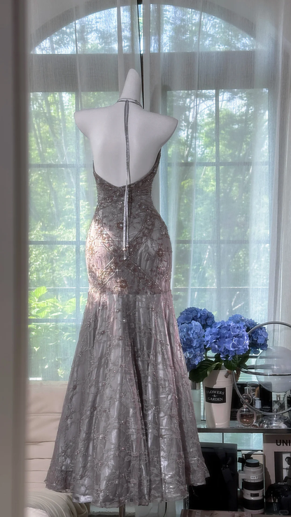 Vintage-Inspired Silver Gray Lace Halter Evening Gown Sequin Mermaid Prom Dress TP5139