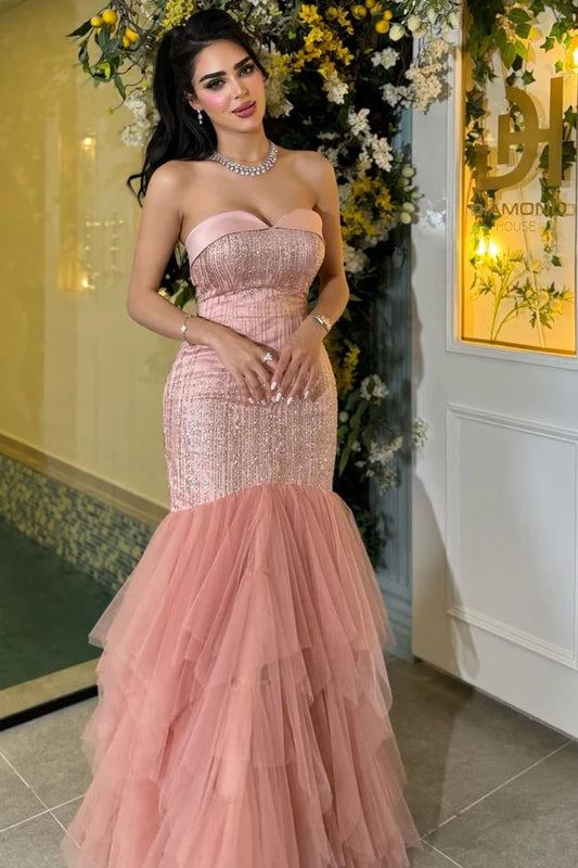 Glamorous Pink Sequin Strapless Mermaid Sweetheart Tiered Tulle Ruffle Evening Gown TP5445