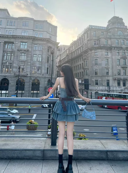 Vintage Ruffled Hem Design A-line High-waist Sleeveless Spaghetti Strap Denim Dress TP3257