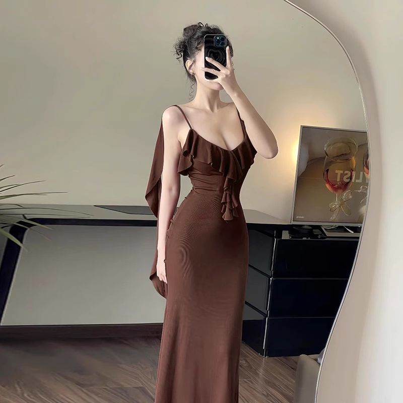 New Simple Fashion Black Brown Slim-fit Spaghetti Strap Dress TP2895
