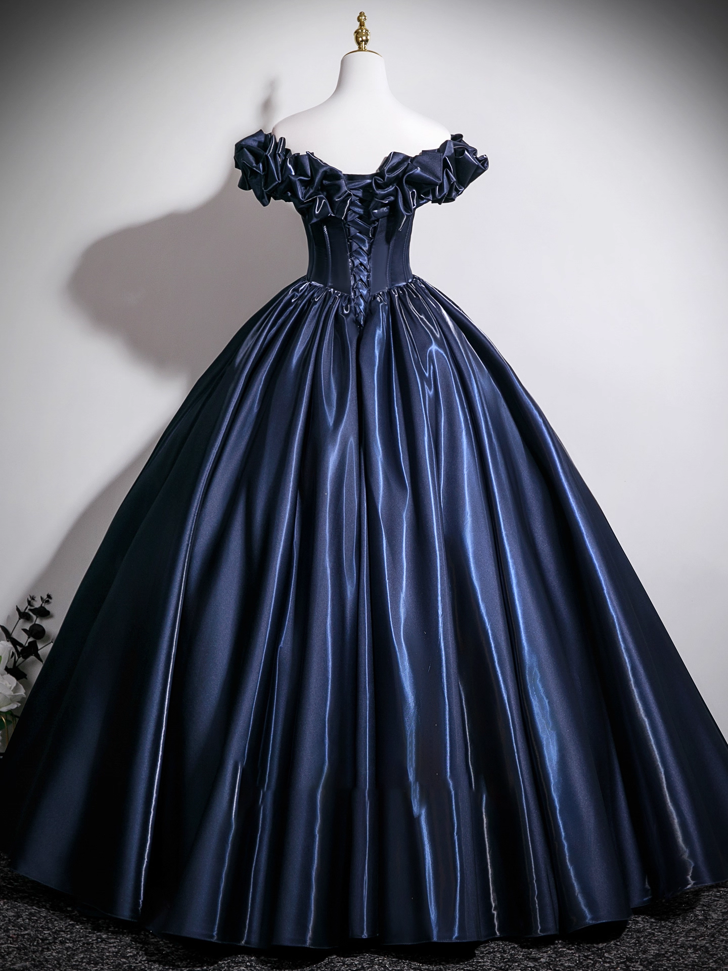 Gorgeous Navy Blue Satin Off-the-shoulder Sweet 16 Quinceanera A-Line Ruffled Evening Dress Ball Gown TP4914