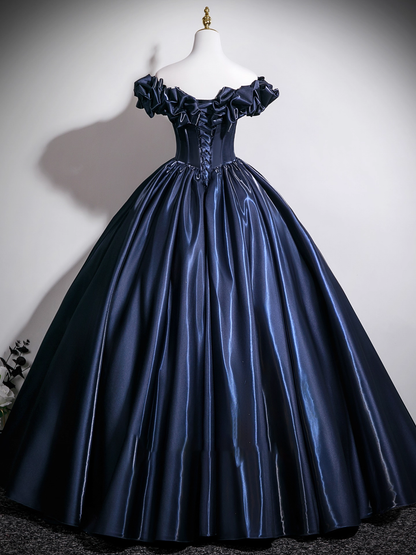Gorgeous Navy Blue Satin Off-the-shoulder Sweet 16 Quinceanera A-Line Ruffled Evening Dress Ball Gown TP4914