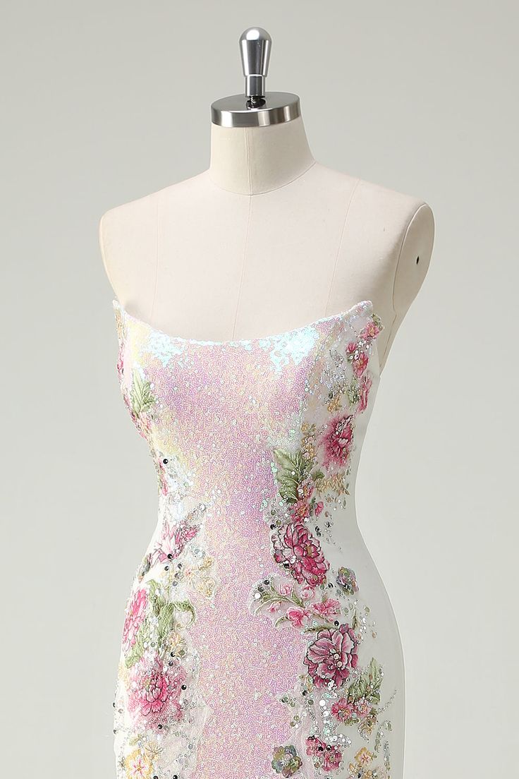 Elegant Pink Floral Sequin Mermaid Evening Gown Strapless Prom Dress TP5626