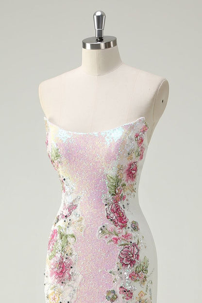 Elegant Pink Floral Sequin Mermaid Evening Gown Strapless Prom Dress TP5626