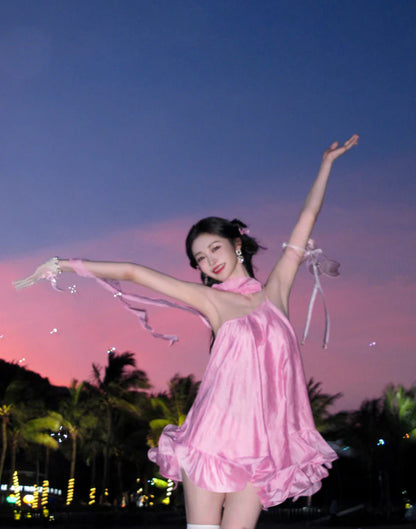 Cute Pink Ruffle Short A-Line Satin Party Dress Cocktail Dress Homecoming Dress TP4429