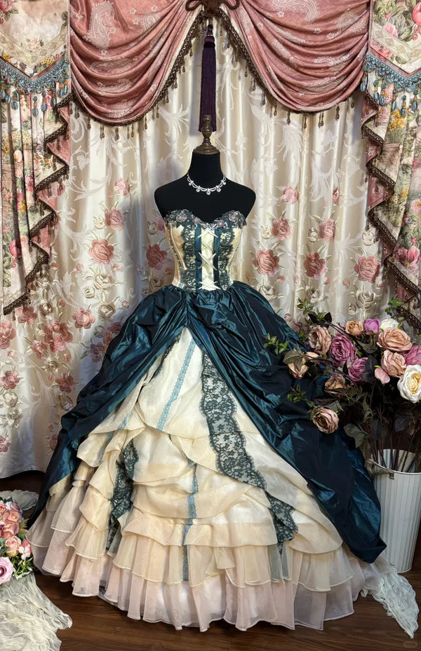 Vintage Teal & Cream A-Line Strapless Lace-Up Layered Ruffled Ball Gown TP5107