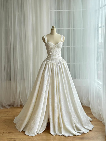 Elegant Spaghetti Strap Sweetheart Jacquard Satin Lace Beaded Corset Long Train A-Line Wedding Dress TP5910