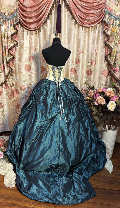 Vintage Teal & Cream A-Line Strapless Lace-Up Layered Ruffled Ball Gown TP5107